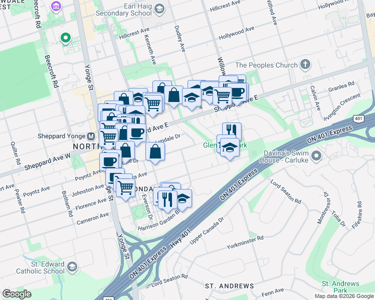 map of restaurants, bars, coffee shops, grocery stores, and more near 59 Anndale Drive in Toronto