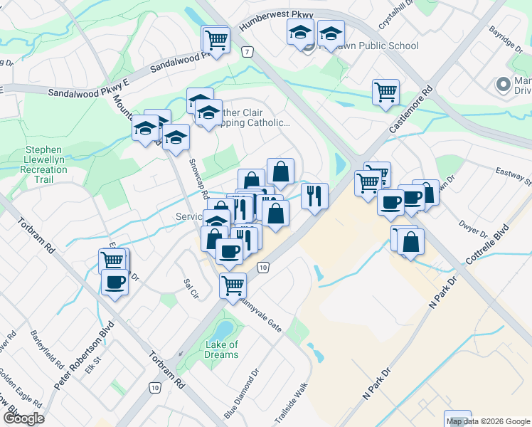 map of restaurants, bars, coffee shops, grocery stores, and more near 55 Mountainash Road in Brampton