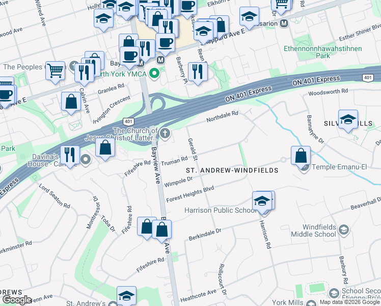 map of restaurants, bars, coffee shops, grocery stores, and more near 22 Truman Road in Toronto