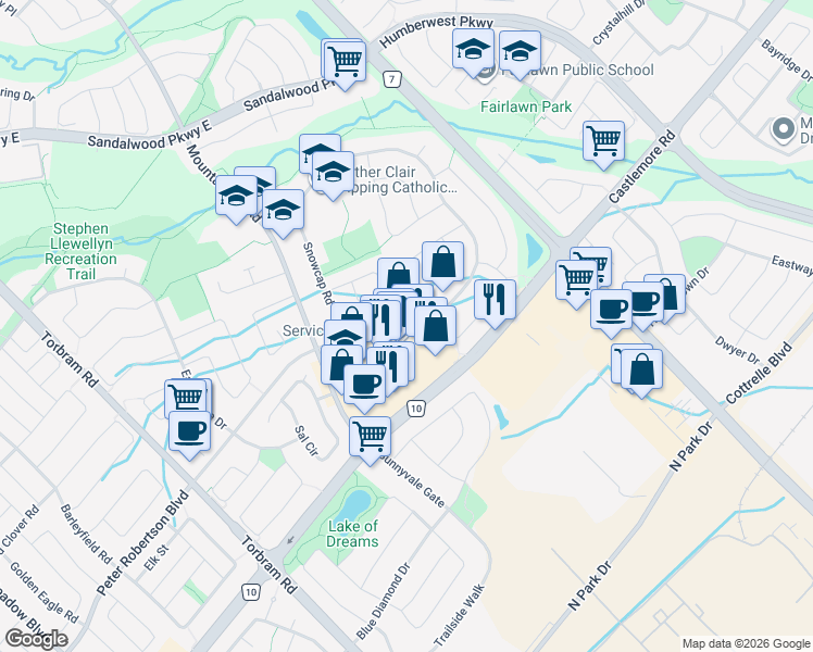 map of restaurants, bars, coffee shops, grocery stores, and more near 232 Mountainberry Road in Brampton