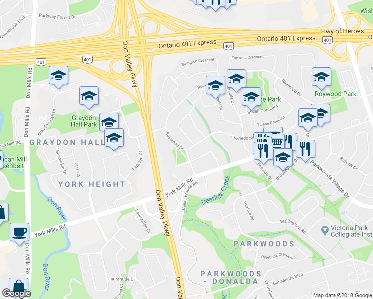 map of restaurants, bars, coffee shops, grocery stores, and more near 2 Lynedock Crescent in Toronto