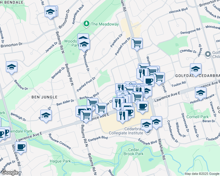 map of restaurants, bars, coffee shops, grocery stores, and more near in Toronto