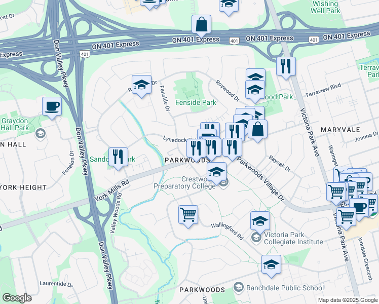 map of restaurants, bars, coffee shops, grocery stores, and more near in Toronto