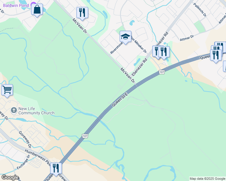 map of restaurants, bars, coffee shops, grocery stores, and more near 3918 Ebenezer Road in Brampton