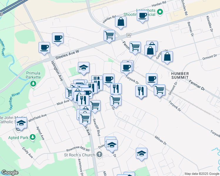 map of restaurants, bars, coffee shops, grocery stores, and more near 122 Millwick Drive in Toronto