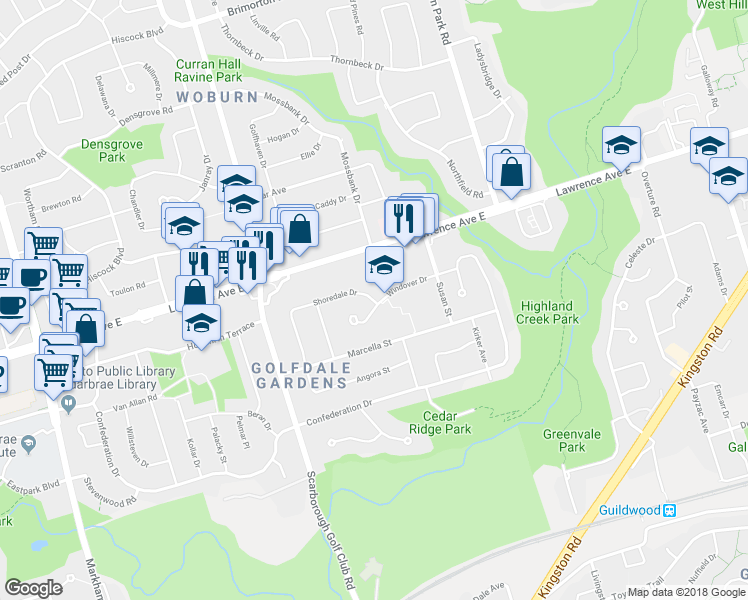 map of restaurants, bars, coffee shops, grocery stores, and more near 86 Shoredale Drive in Toronto