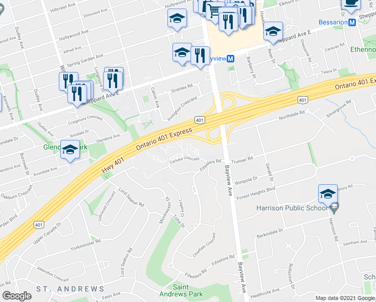 map of restaurants, bars, coffee shops, grocery stores, and more near 32 Carluke Crescent in Toronto