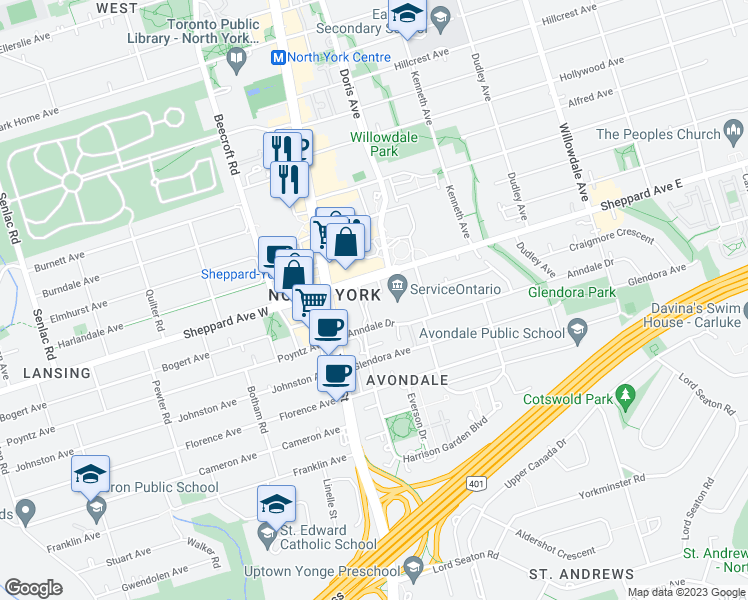 map of restaurants, bars, coffee shops, grocery stores, and more near in Toronto