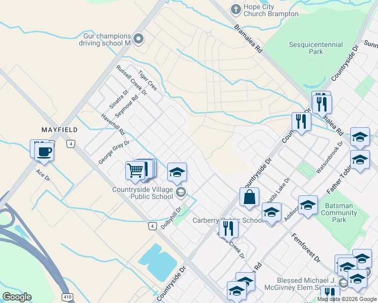 map of restaurants, bars, coffee shops, grocery stores, and more near 62 Saint Dennis Road in Brampton