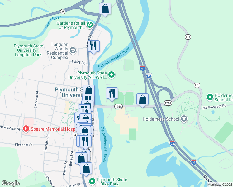 map of restaurants, bars, coffee shops, grocery stores, and more near 56 North River Street in Holderness