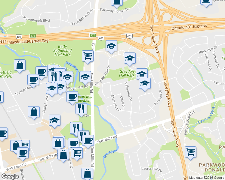 map of restaurants, bars, coffee shops, grocery stores, and more near 39 Shamokin Drive in Toronto