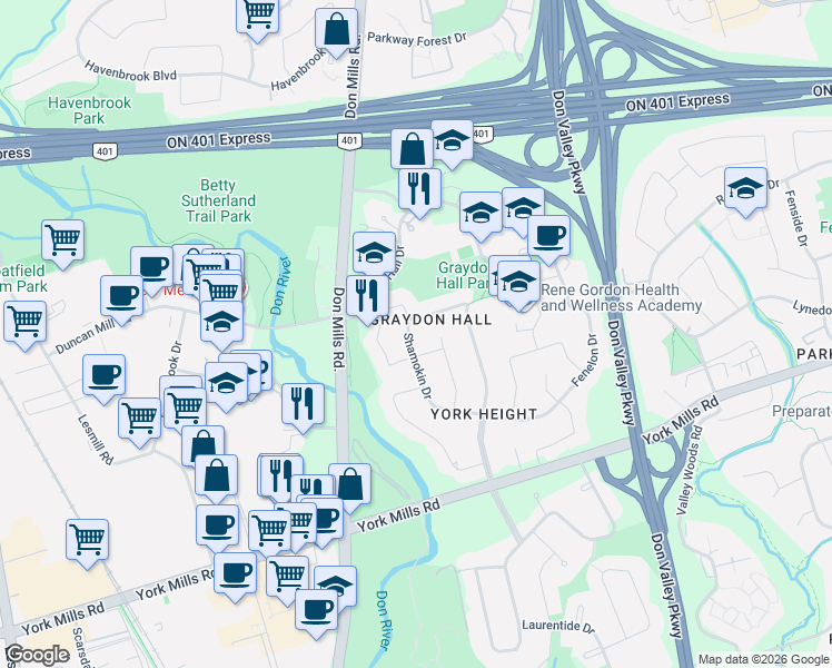 map of restaurants, bars, coffee shops, grocery stores, and more near 39 Shamokin Drive in Toronto