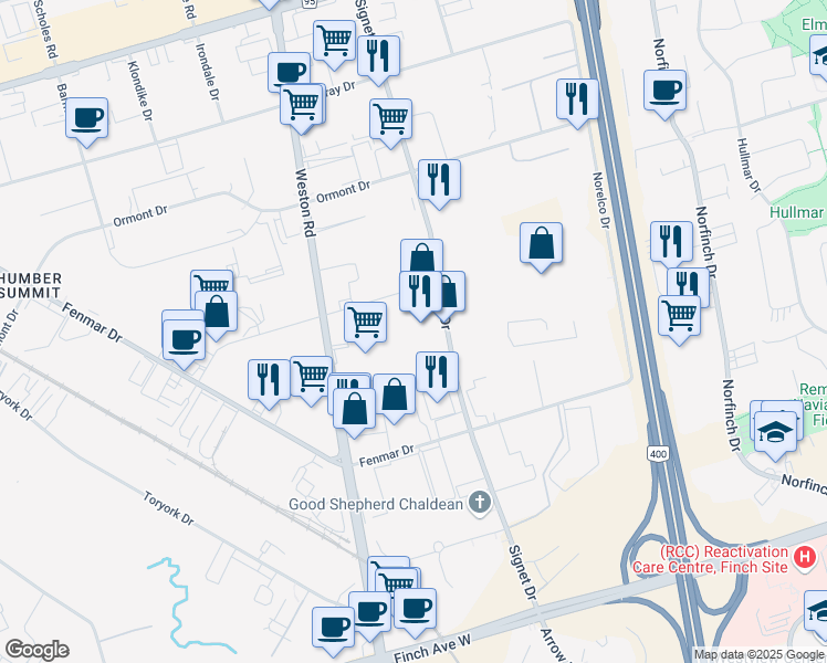 map of restaurants, bars, coffee shops, grocery stores, and more near in Toronto