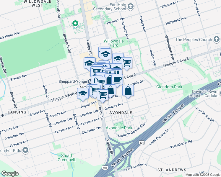map of restaurants, bars, coffee shops, grocery stores, and more near 33 Sheppard Avenue East in Toronto