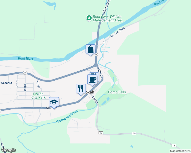 map of restaurants, bars, coffee shops, grocery stores, and more near 109 Falls Street in Hokah