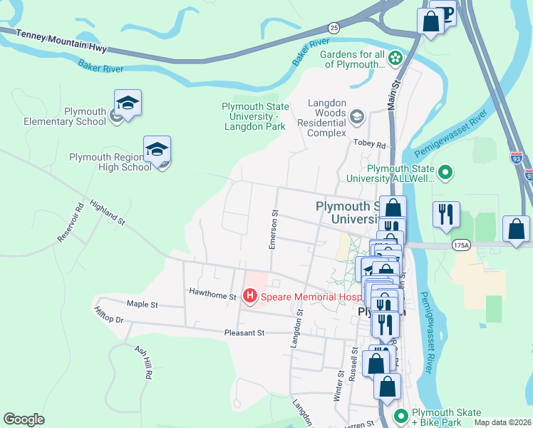map of restaurants, bars, coffee shops, grocery stores, and more near 21 Emerson Street in Plymouth