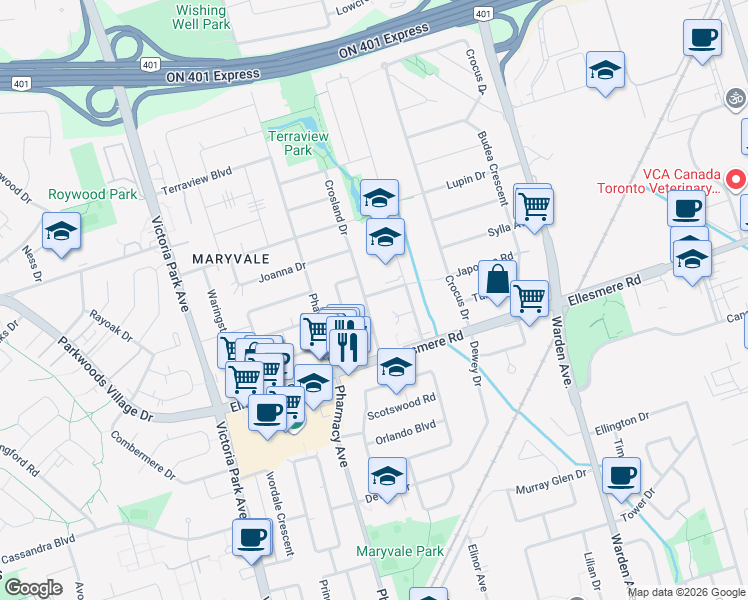 map of restaurants, bars, coffee shops, grocery stores, and more near in Toronto