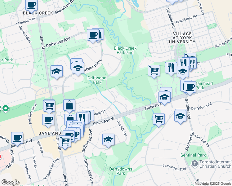 map of restaurants, bars, coffee shops, grocery stores, and more near 35 Tobermory Drive in Toronto