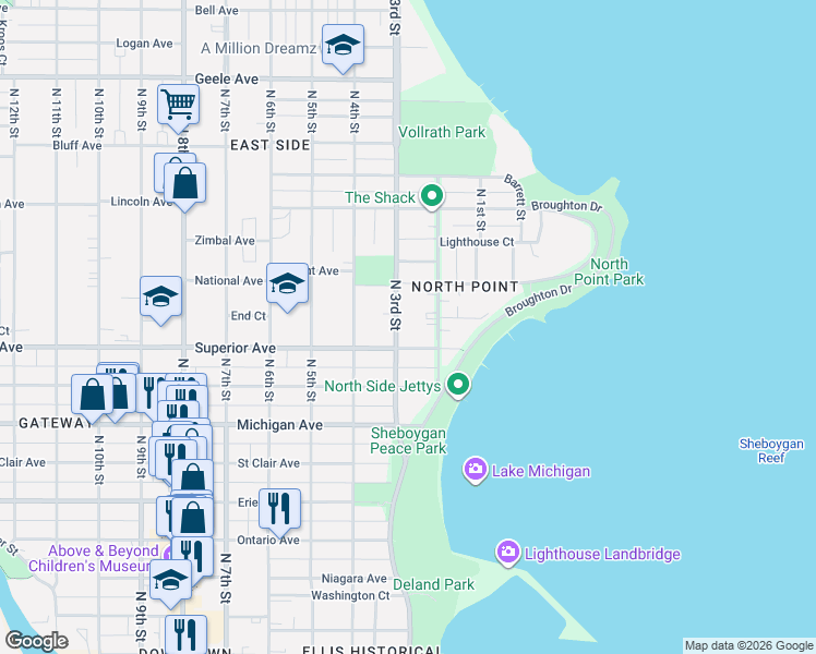 map of restaurants, bars, coffee shops, grocery stores, and more near 210 Superior Avenue in Sheboygan