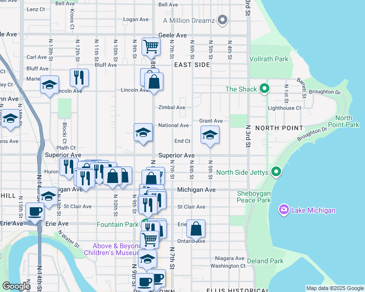 map of restaurants, bars, coffee shops, grocery stores, and more near 1503 North 7th Street in Sheboygan