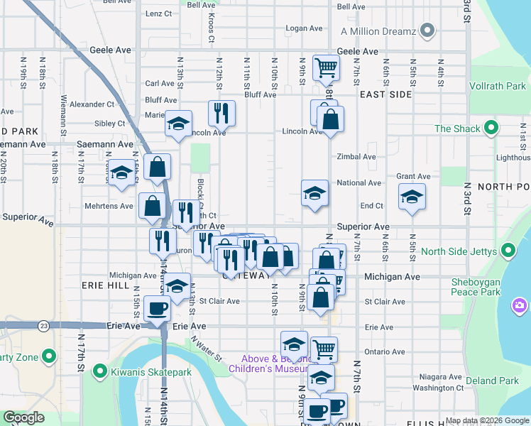 map of restaurants, bars, coffee shops, grocery stores, and more near 1016 Superior Avenue in Sheboygan