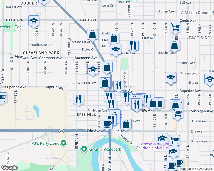 map of restaurants, bars, coffee shops, grocery stores, and more near 1402 Superior Avenue in Sheboygan