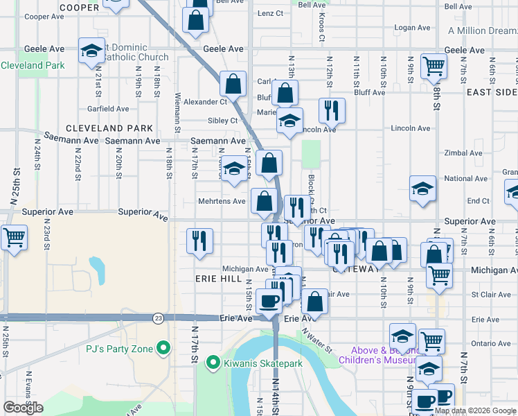 map of restaurants, bars, coffee shops, grocery stores, and more near 1436 Superior Avenue in Sheboygan