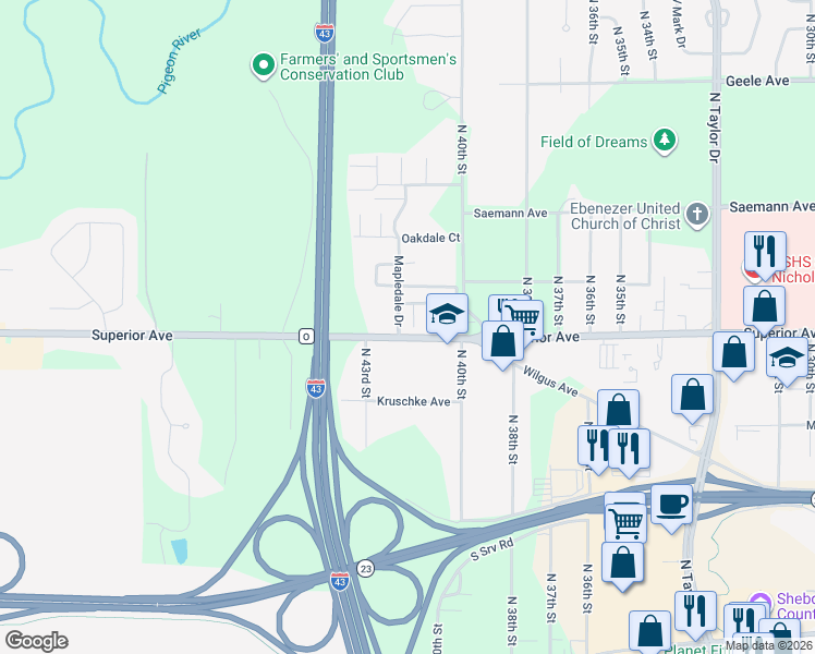 map of restaurants, bars, coffee shops, grocery stores, and more near 1512 Nutmeg Court in Sheboygan