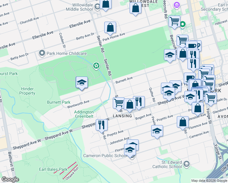 map of restaurants, bars, coffee shops, grocery stores, and more near 42 Senlac Road in Toronto