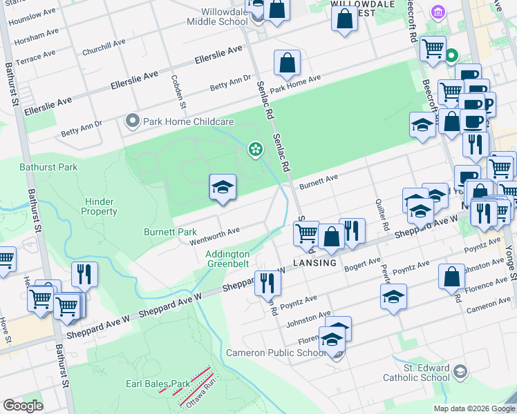 map of restaurants, bars, coffee shops, grocery stores, and more near 289 Burnett Avenue in Toronto