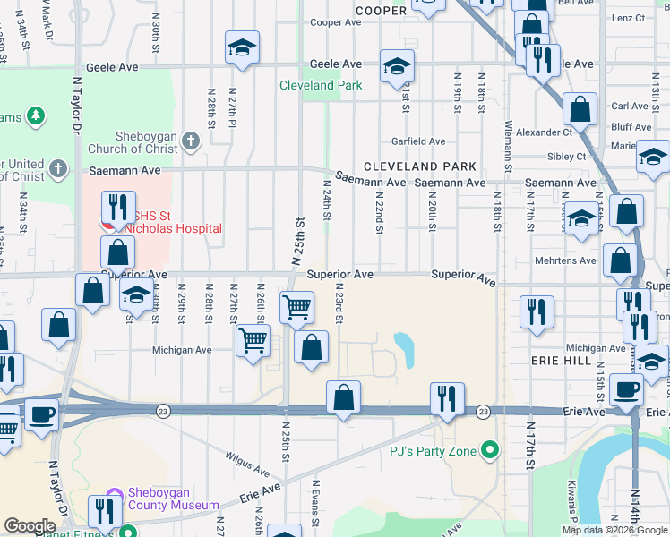 map of restaurants, bars, coffee shops, grocery stores, and more near 1439 North 25th Street in Sheboygan