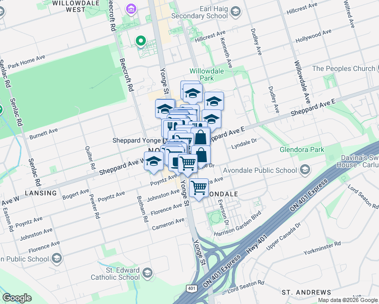 map of restaurants, bars, coffee shops, grocery stores, and more near 5 Sheppard Avenue East in Toronto
