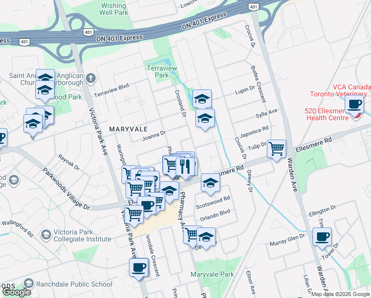 map of restaurants, bars, coffee shops, grocery stores, and more near 33 Alice Crescent in Toronto