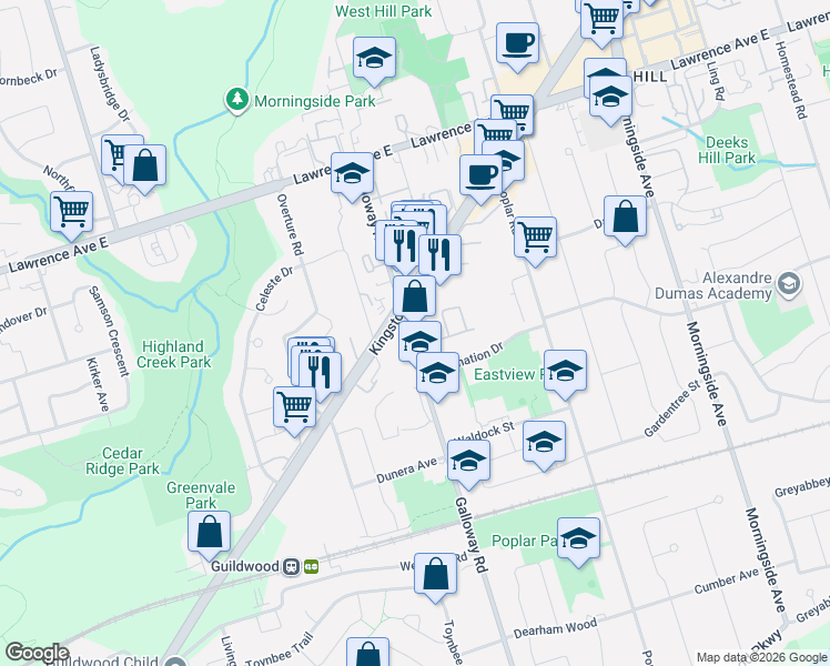 map of restaurants, bars, coffee shops, grocery stores, and more near 141 Galloway Road in Toronto