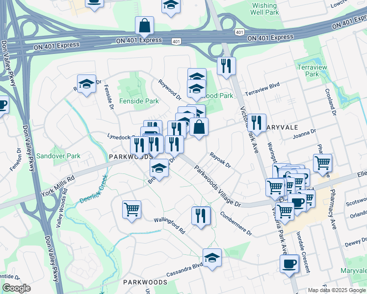 map of restaurants, bars, coffee shops, grocery stores, and more near 83 Parkwoods Village Drive in Toronto