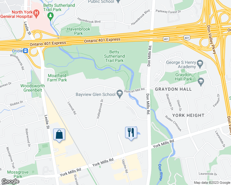 map of restaurants, bars, coffee shops, grocery stores, and more near 255 Duncan Mill Road in Toronto