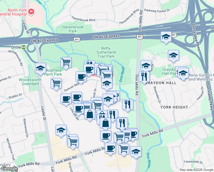 map of restaurants, bars, coffee shops, grocery stores, and more near 255 Duncan Mill Road in Toronto