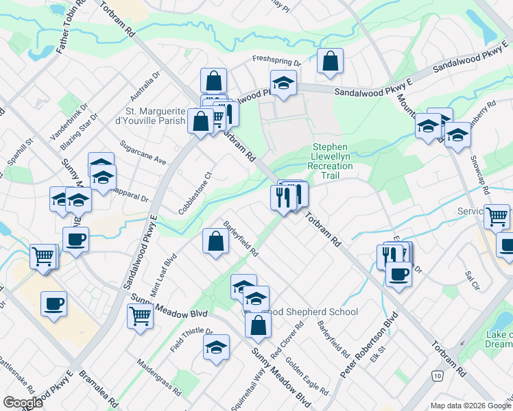 map of restaurants, bars, coffee shops, grocery stores, and more near in Brampton
