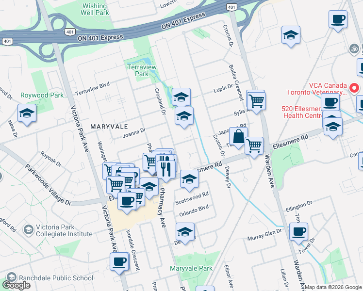 map of restaurants, bars, coffee shops, grocery stores, and more near 3 Japonica Road in Toronto