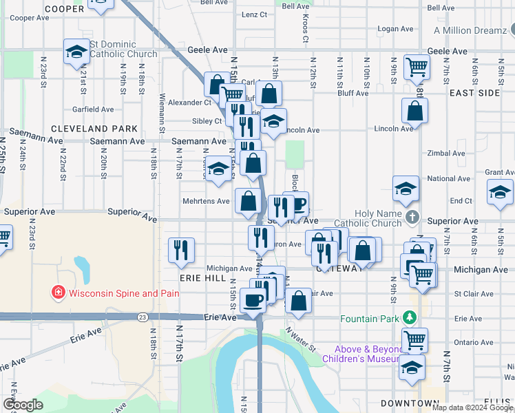 map of restaurants, bars, coffee shops, grocery stores, and more near 3606 Mill Road in Sheboygan