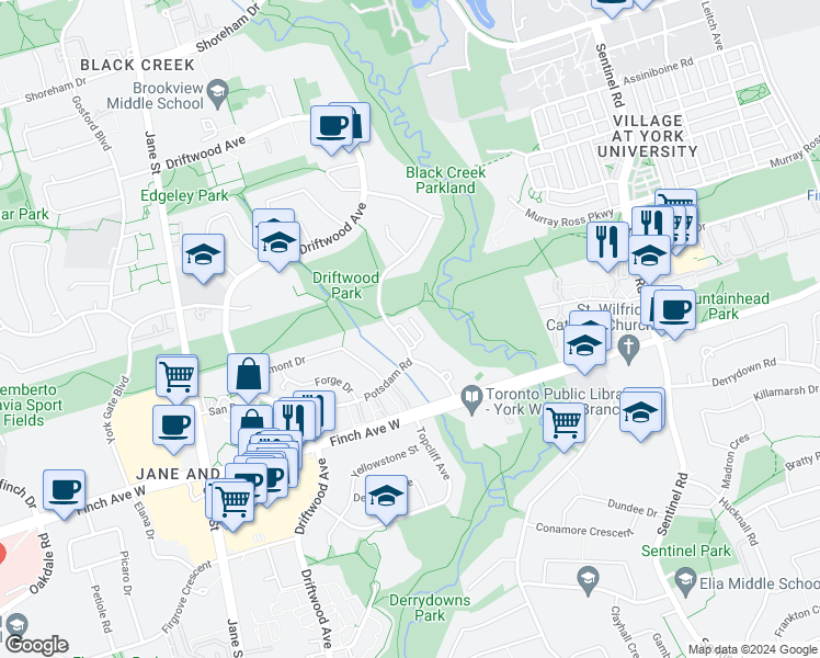 map of restaurants, bars, coffee shops, grocery stores, and more near 35 Tobermory Drive in Toronto