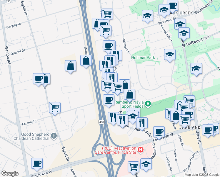 map of restaurants, bars, coffee shops, grocery stores, and more near in Toronto