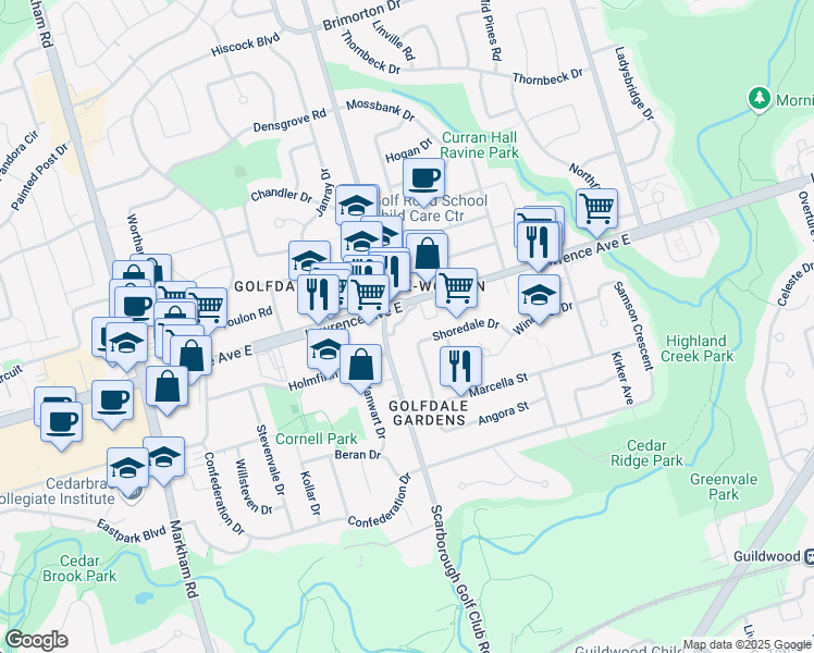 map of restaurants, bars, coffee shops, grocery stores, and more near 567 Scarborough Golf Club Road in Toronto
