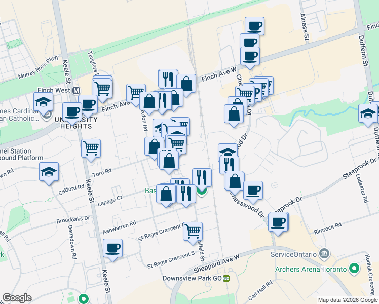 map of restaurants, bars, coffee shops, grocery stores, and more near 101 Toro Road in Toronto