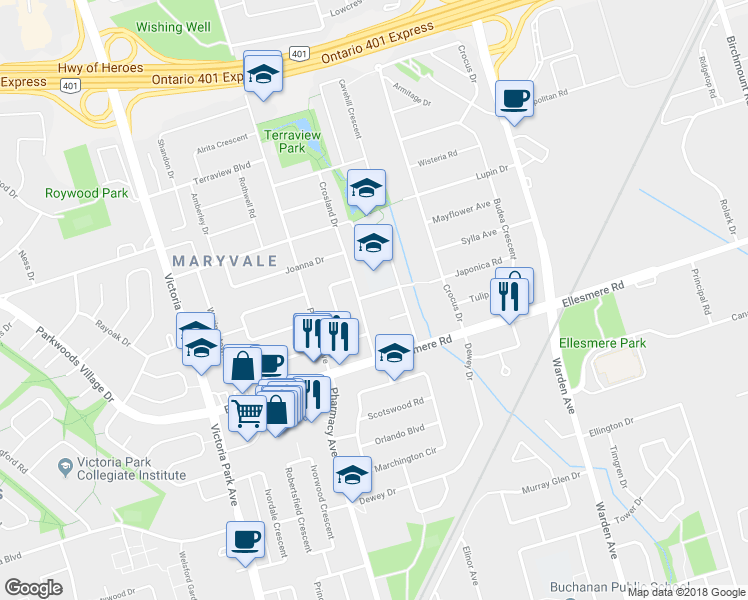 map of restaurants, bars, coffee shops, grocery stores, and more near 3 Japonica Road in Toronto