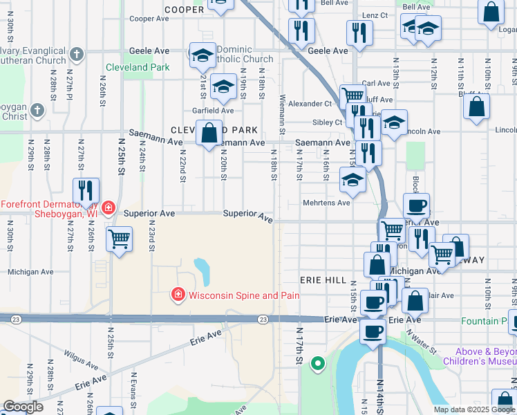 map of restaurants, bars, coffee shops, grocery stores, and more near 1822 Superior Avenue in Sheboygan