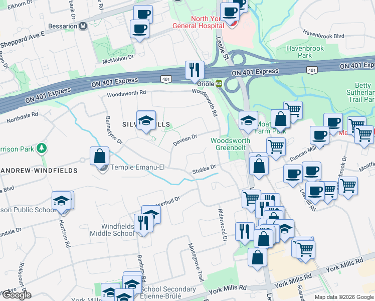 map of restaurants, bars, coffee shops, grocery stores, and more near 20 Ealing Drive in Toronto