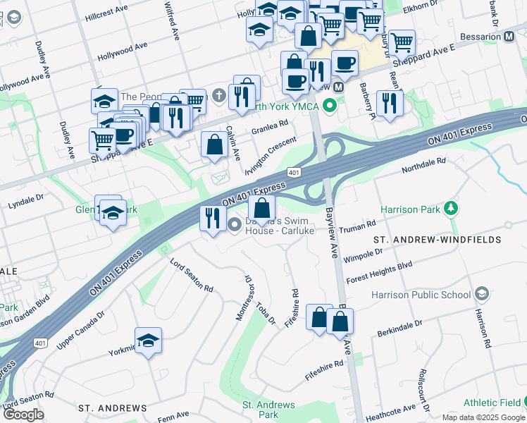 map of restaurants, bars, coffee shops, grocery stores, and more near 26 Carluke Crescent in Toronto