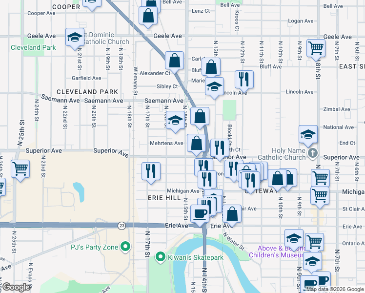 map of restaurants, bars, coffee shops, grocery stores, and more near 1436 Superior Avenue in Sheboygan