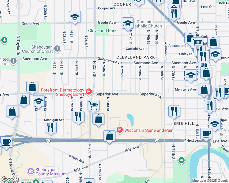 map of restaurants, bars, coffee shops, grocery stores, and more near in Sheboygan